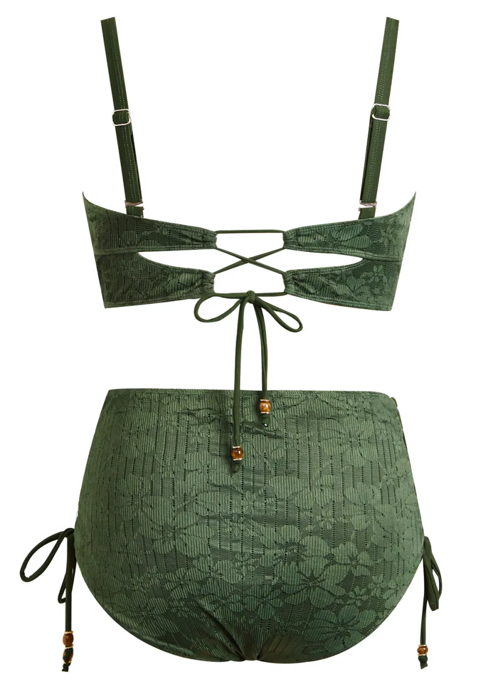 Lace Up Beaded Olive Green Bikini Set