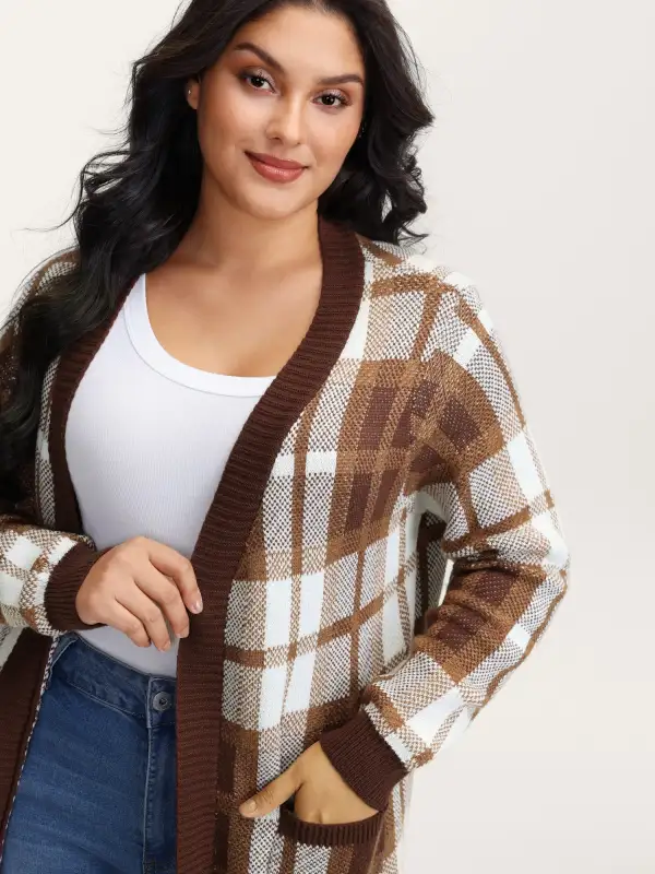 Plaid Jacquard Pattern Knit Cardigan