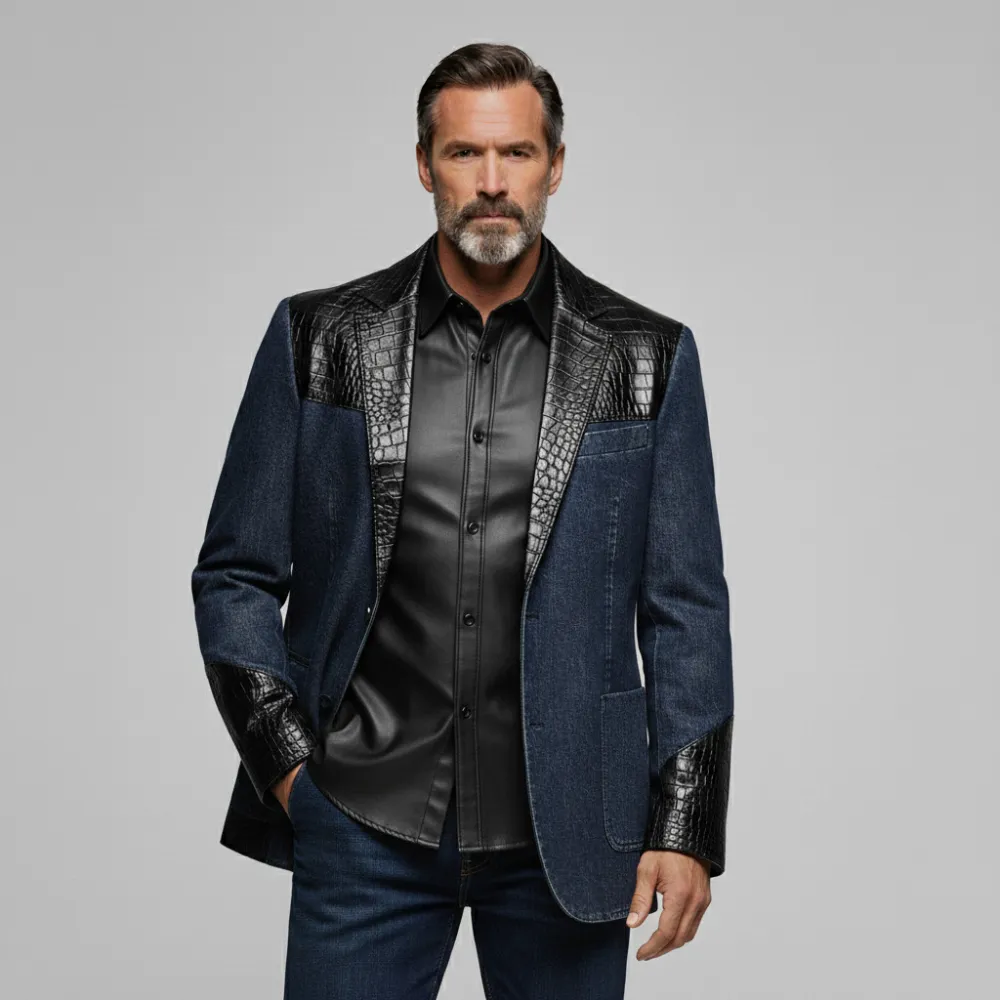 Men's Navy Blue Crocodile PU Leather Patchwork Notch Lapel Two Button Pocket Long Sleeve Denim Blazer