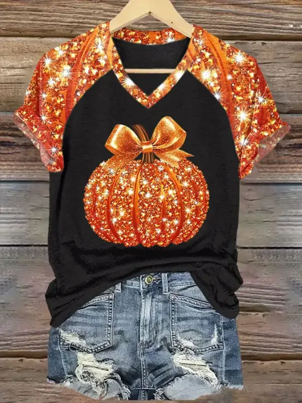 V-Neck Retro Color Block Autumn Pumpkin Bow Print T-Shirt