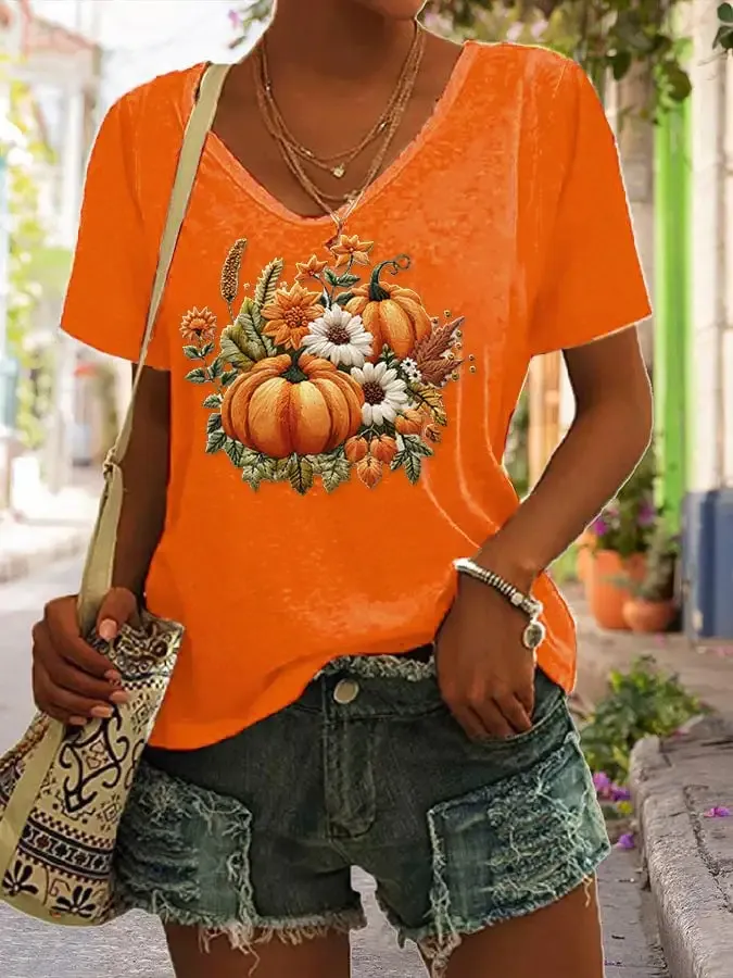 Women's Casual Autumn Floral Pumpkin T-Shirt