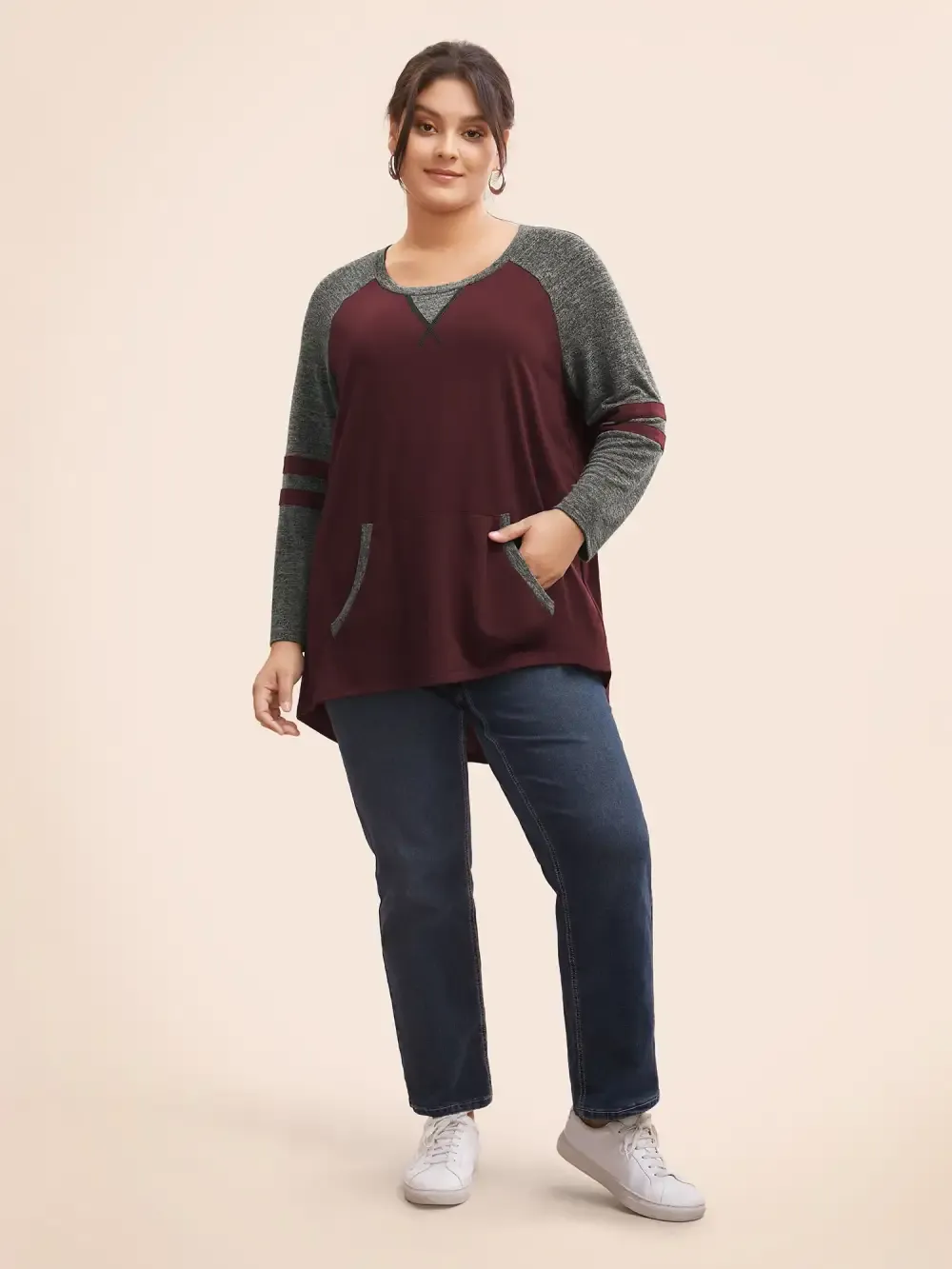 Striped Contrast Pocket Raglan Sleeve High Low Hem Sweatshirt