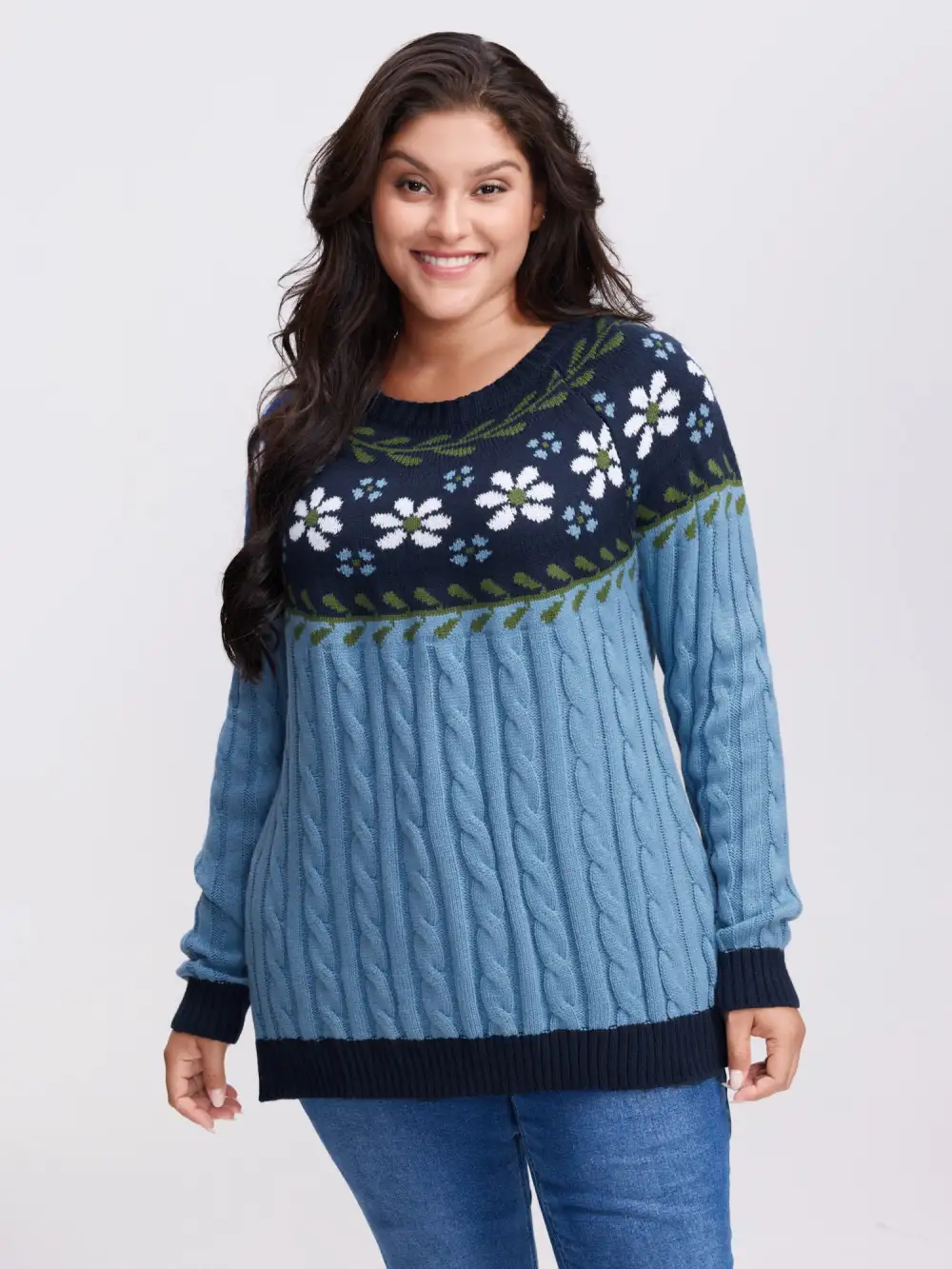 Cable Knit Jacquard Floral Contrast Pullover