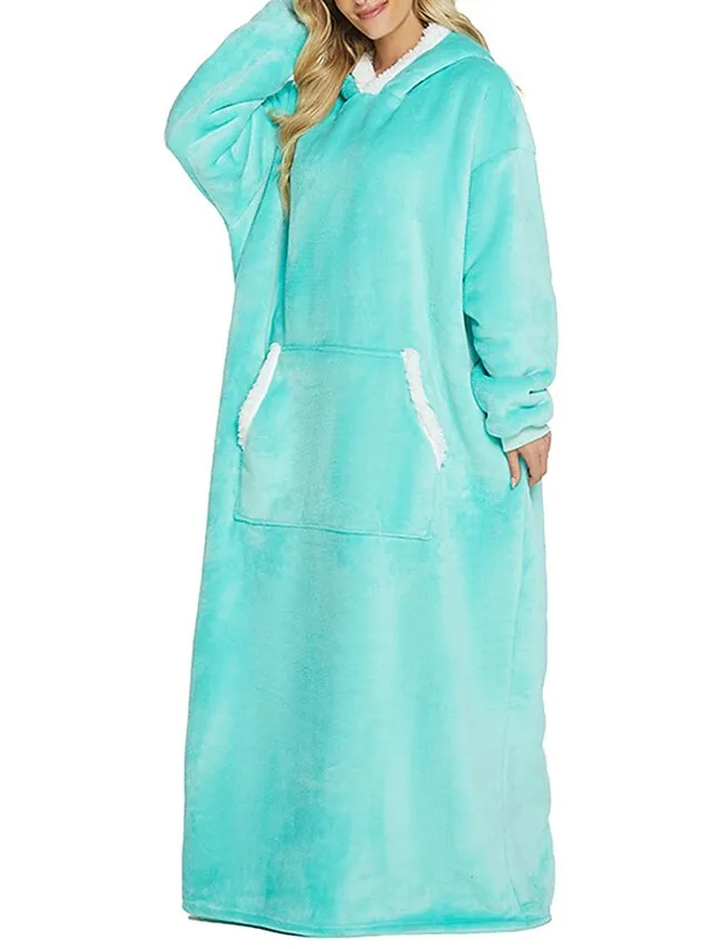 Women's Wearable Blanket Hoodie Blanket Pajama Loungewear Pure Color Warm Plush Casual Home Daily Bed Flannel Warm Breathable Hoodie Long Sleeve Pocket Fall Winter Lake blue Black