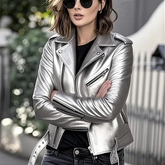 Women's Faux Leather Jacket Comfortable Full Zip Fashion Street Style Plain Outdoor Casual Daily Regular Turndown Regular Fit Long Sleeve Outerwear Silver Black Pink Spring Fall