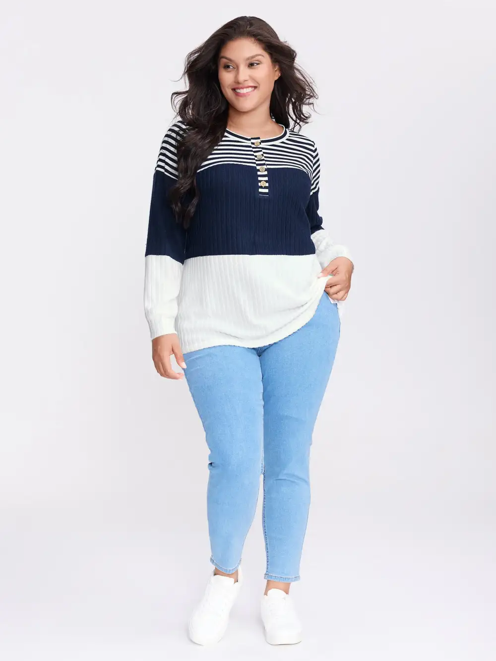 Stripe Ribbed Button Placket T-Shirt