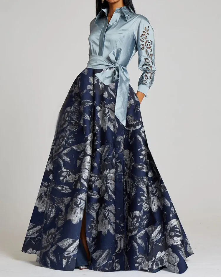 contrast print brocade shirt-neck maxi dress
