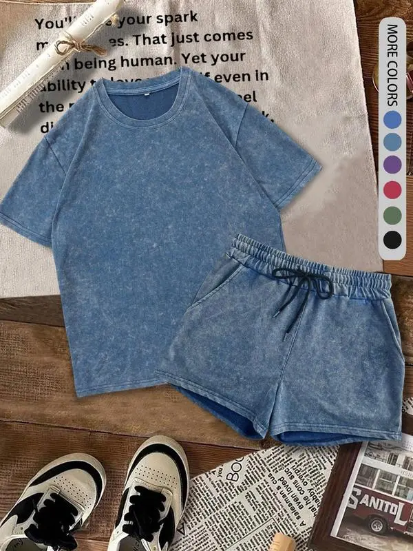Women's Solid Tee & Denim-Print Shorts – Casual Summer Outfit for Daily Wear