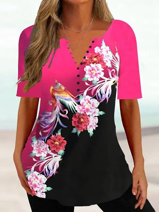 Women's Shirt Blouse Black Pink Blue Graphic Floral Button Print Short Sleeve Casual Basic Round Neck Regular Floral S