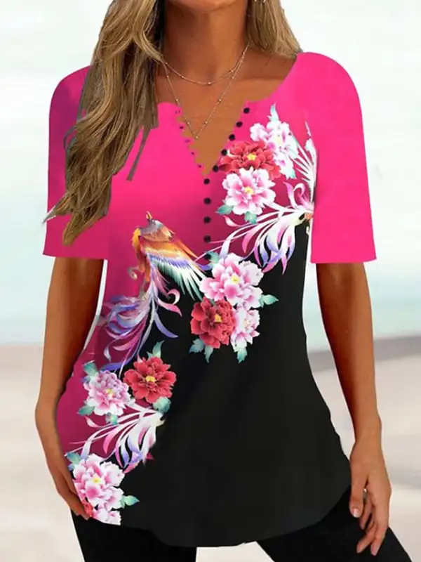 Women's Shirt Blouse Black Pink Blue Graphic Floral Button Print Short Sleeve Casual Basic Round Neck Regular Floral S