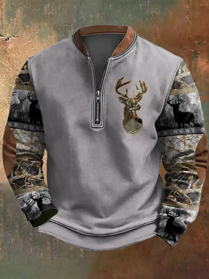 Men's Camouflage Elk Print Zip-Up Sweatshirt