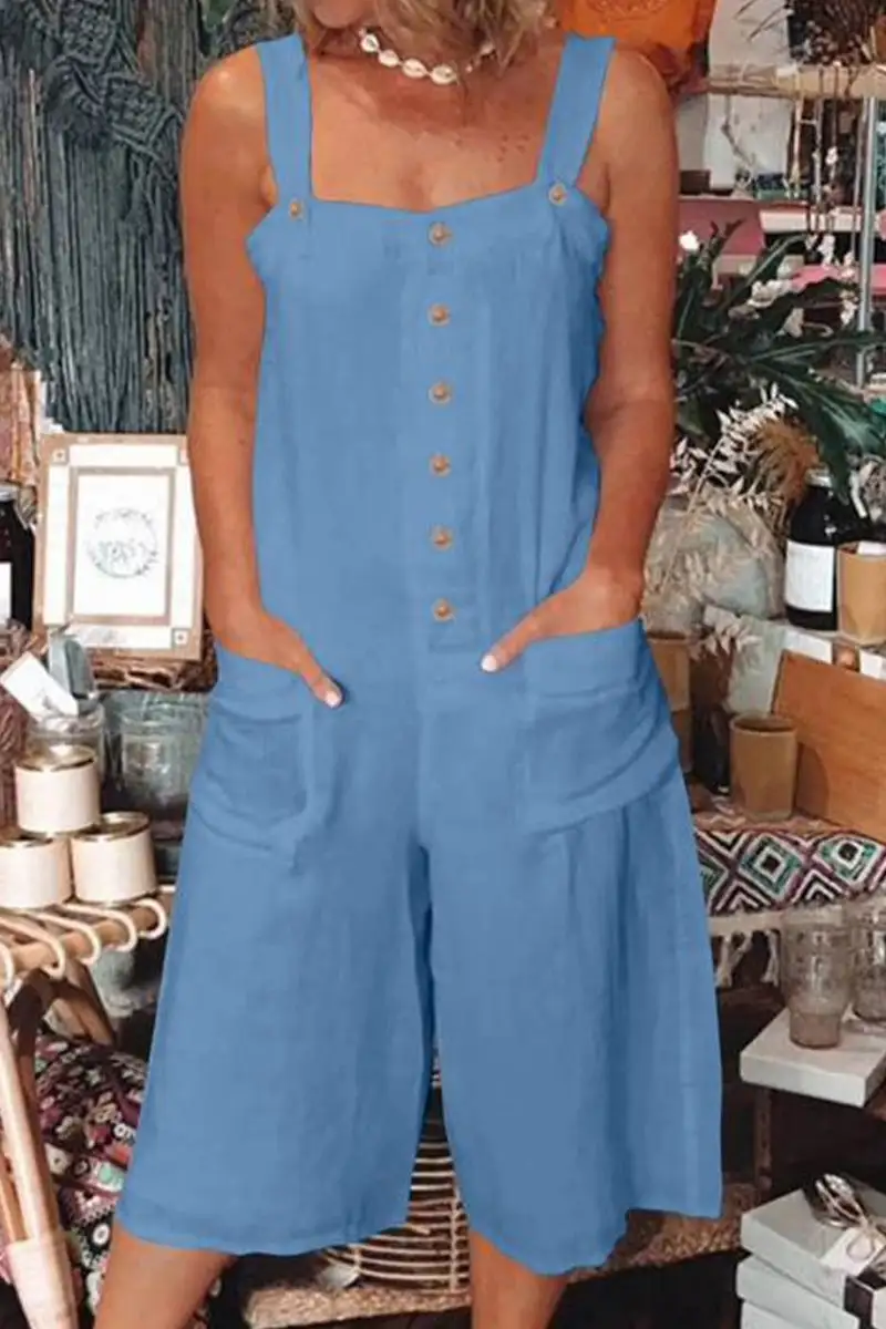 Casual Daily Solid Pocket Buttons Square Collar Loose Jumpsuits