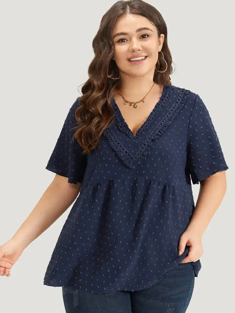 Polka Dot Frill Trim V Neck Flutter Blouse