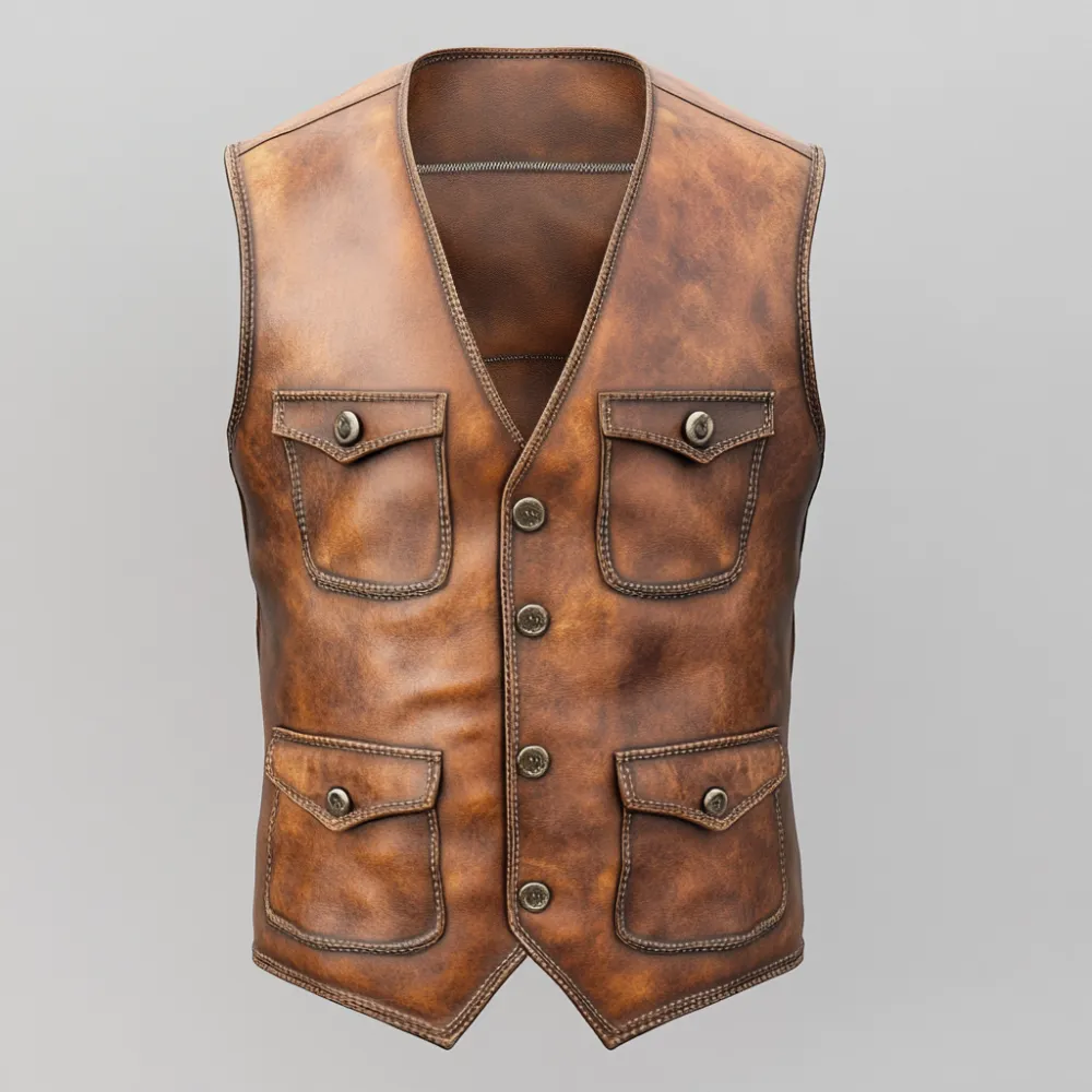 Men's Retro V Neck Button Multiple Pockets PU Leather Vest