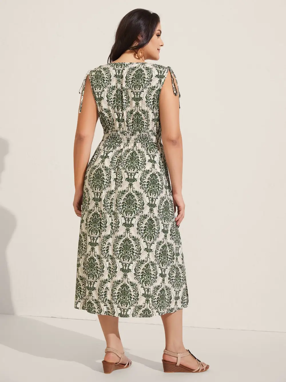 Damask Print Surplice Sleeveless Midi Dress