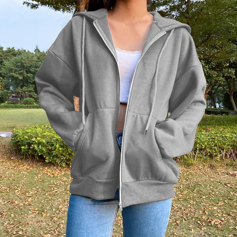 Casual Solid Color Hooded Zipper Hoodie