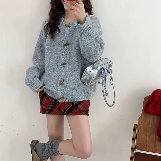 Women's Sweater Cardigan Elegant Fashion Streetwear Pure Color Crew Neck Pocket Knitted Long Sleeve Regular Tops Knit Outdoor Daily Weekend Yellow Light Green Fall Winter