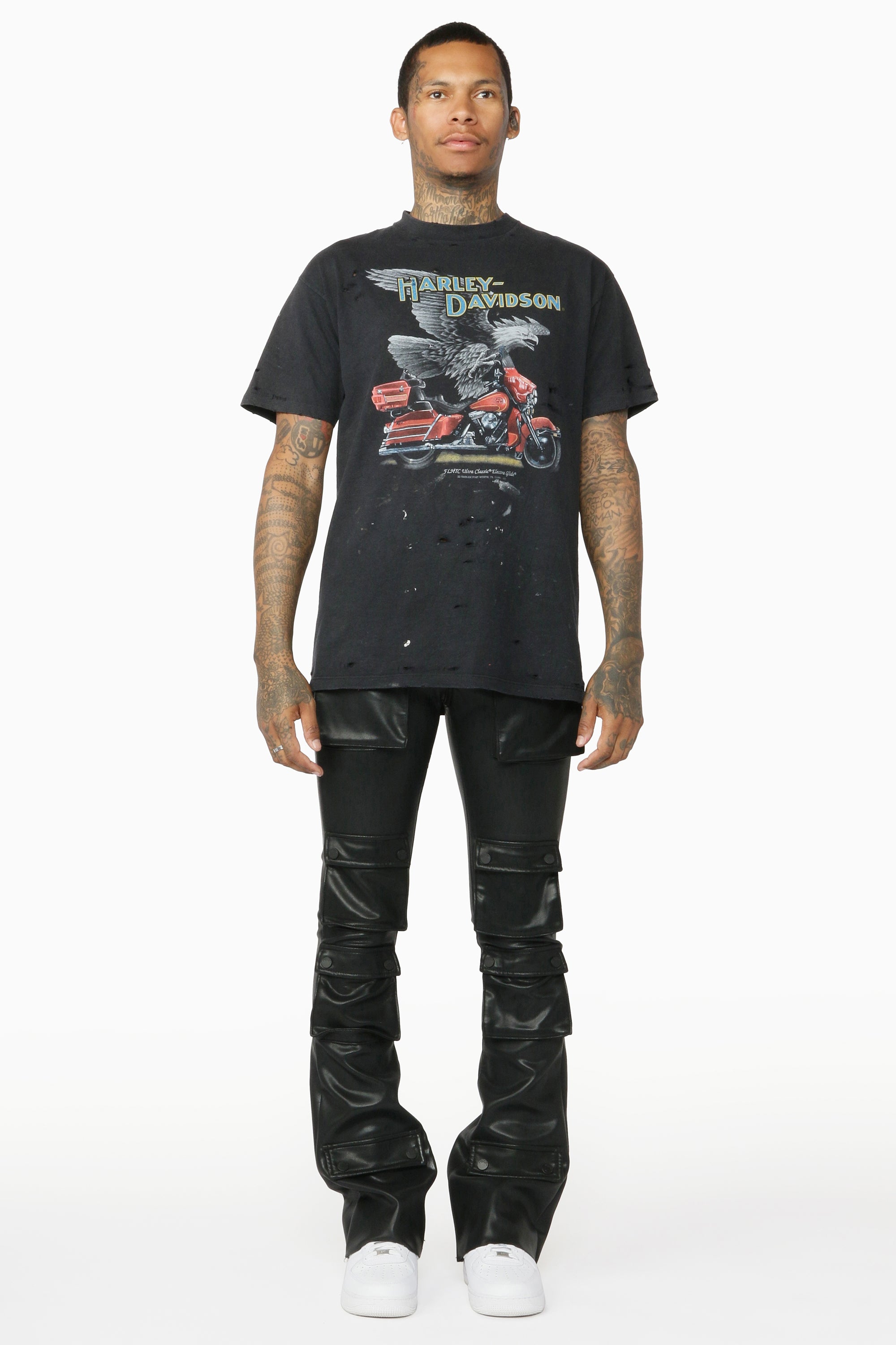 Remi Black Faux Leather Stacked Flare Jean