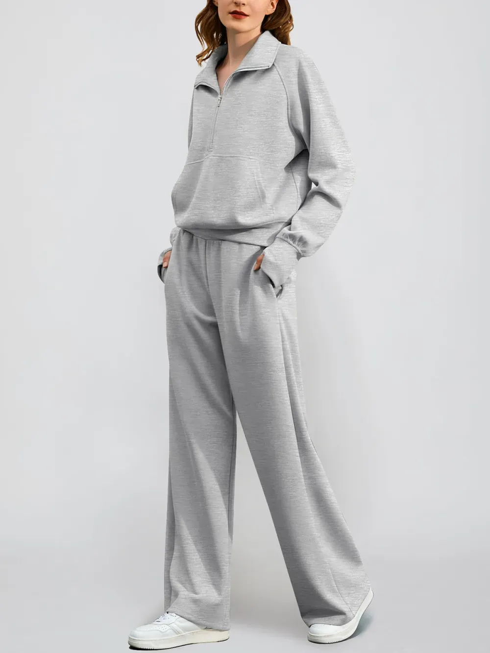 Women's Oversized Half Zip Wide Leg 2 Piece Outfits Lounge Set