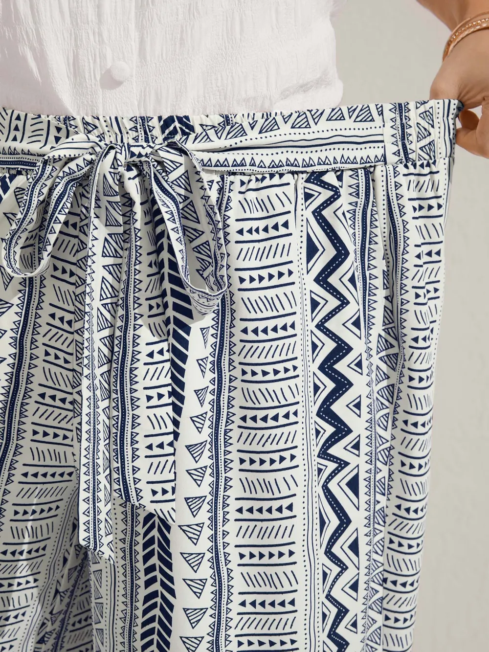 Waist-Tie Wide-Leg Boho Print Pants