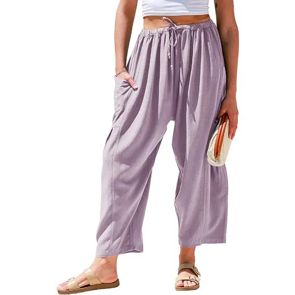 Women’s Oversized Linen Wide-Leg Pants – Casual Loose Fit Beach Palazzo Trousers with Pockets