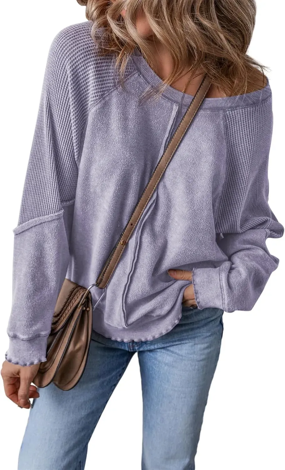✨Womens Crewneck Long Sleeve Waffle Knit Sweatshirt