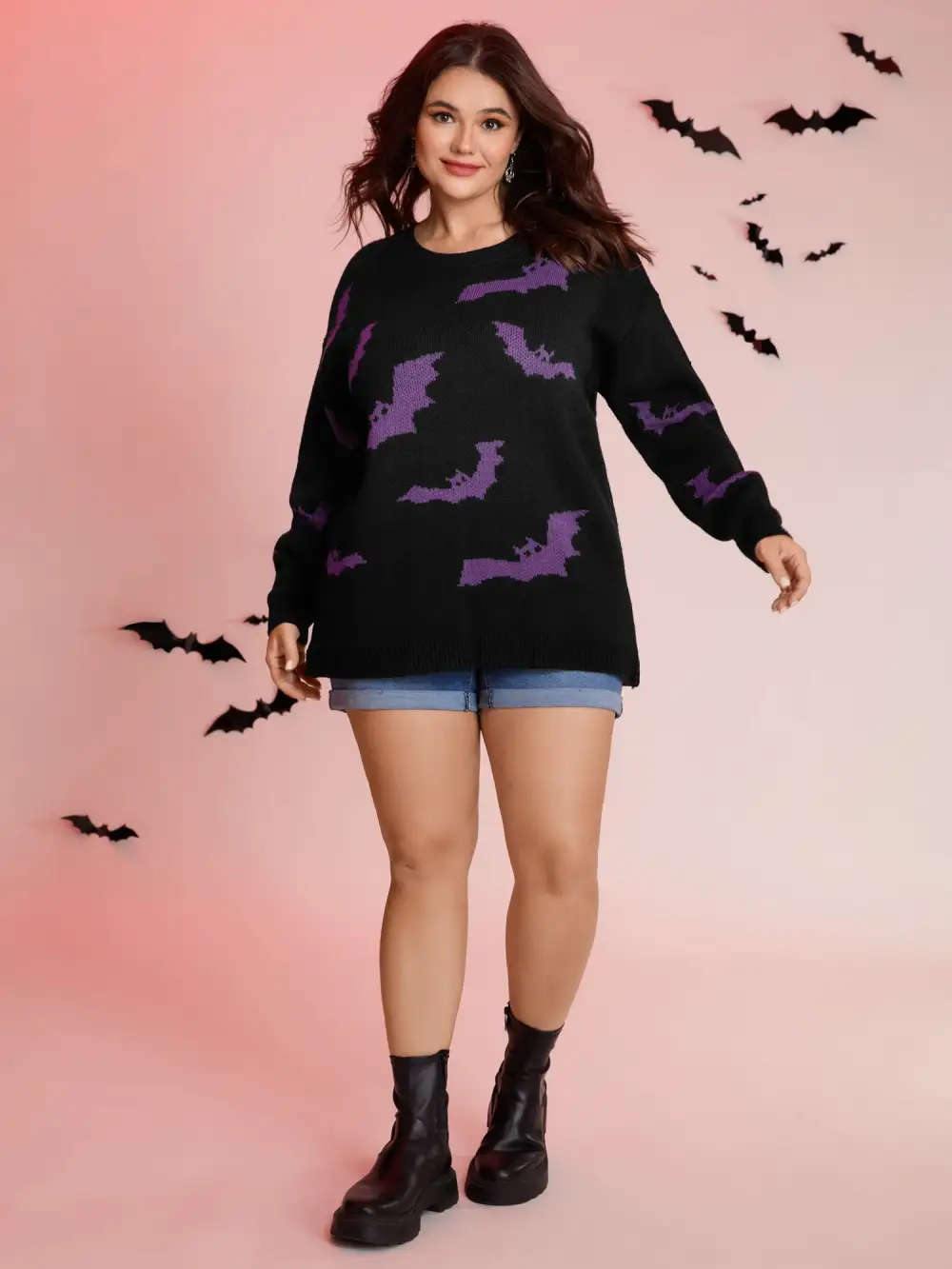 Bat Pattern Ribbed Neck Pullover