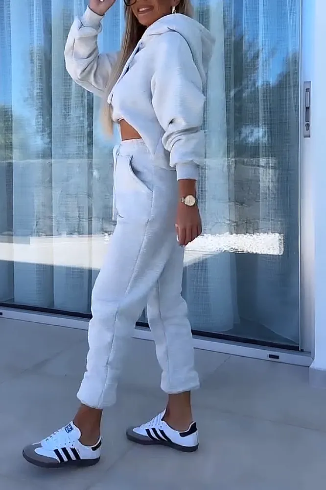 Women's solid color round neck top and pants two-piece set