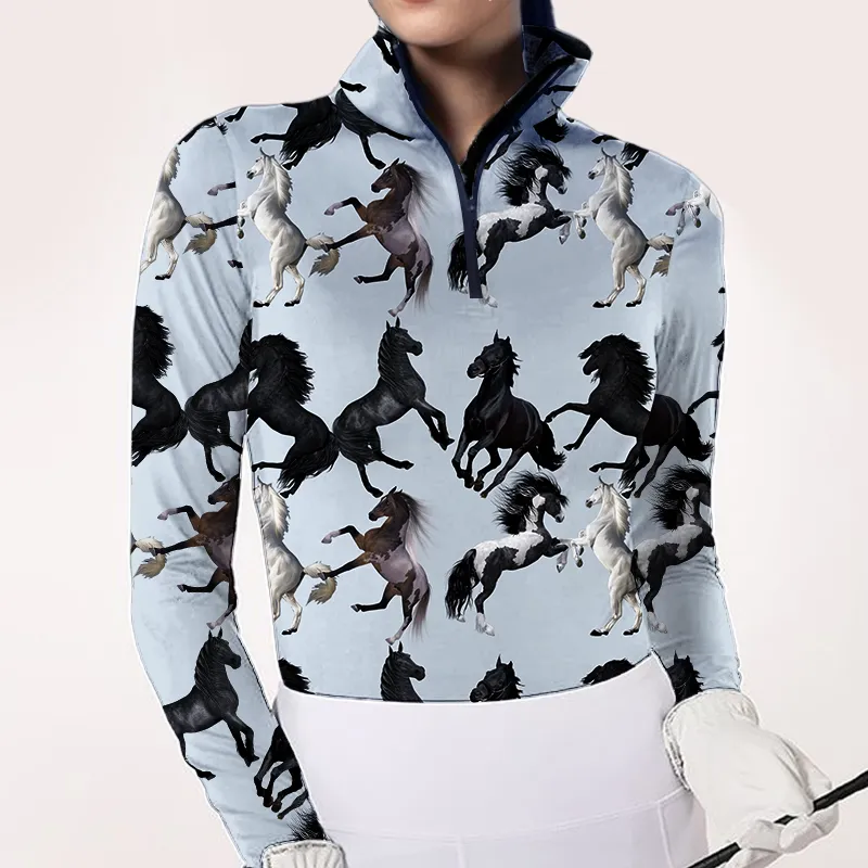Women's Riding Style Horses Print Long Sleeve Casual Shirt