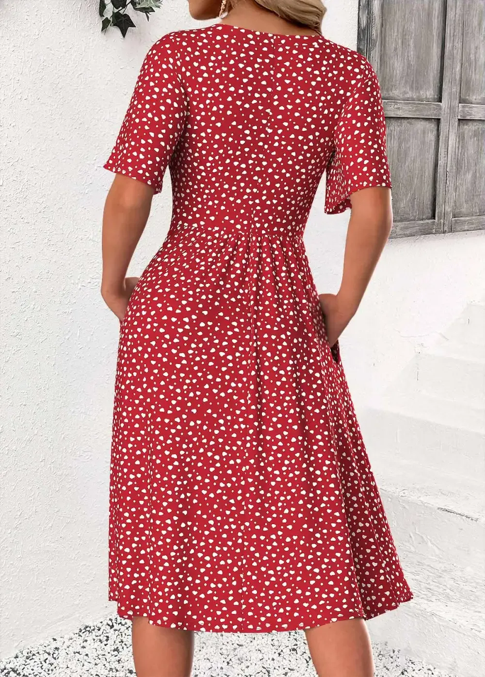 Red Polka Dot Short Sleeve Round Neck Dress