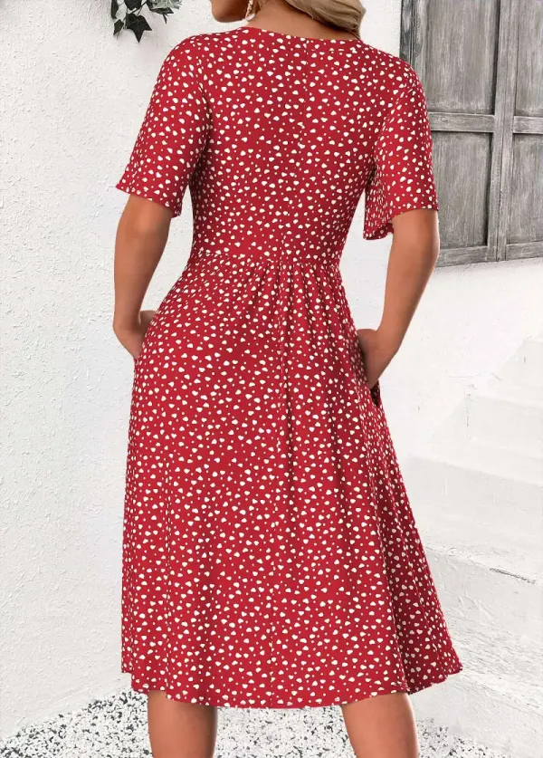 Red Polka Dot Short Sleeve Round Neck Dress