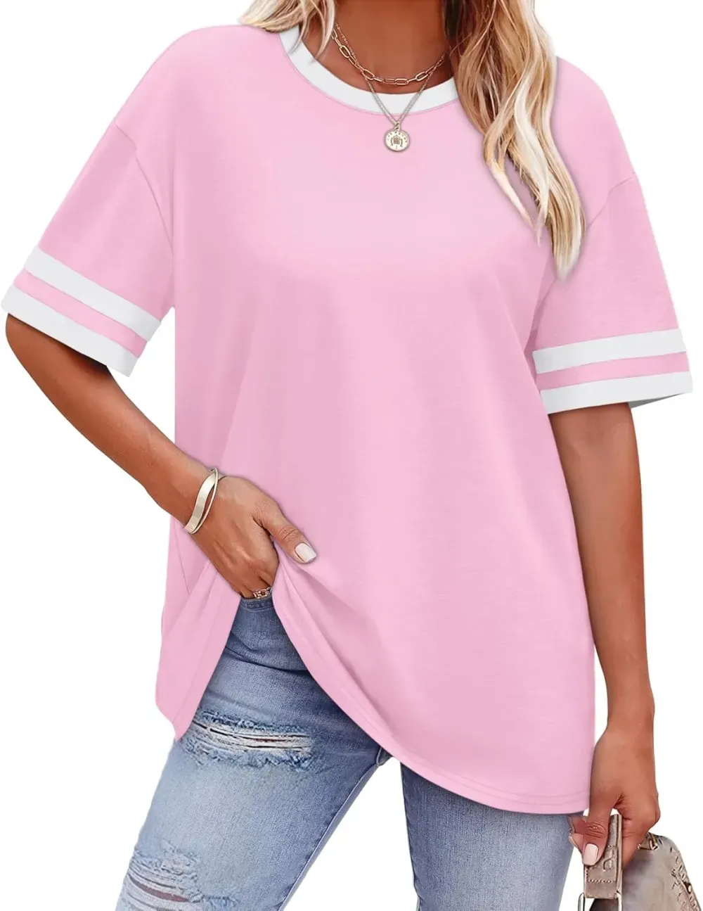 ✨ Women's Oversized Crew Neck Colorblock Striped Sleeve T-shirt