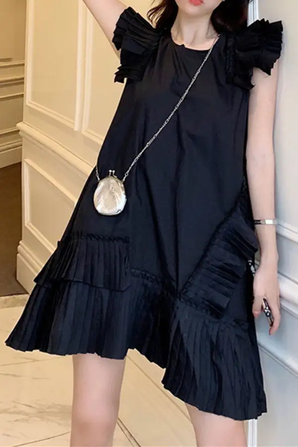 Urban Pleated Irregular Midi Dress