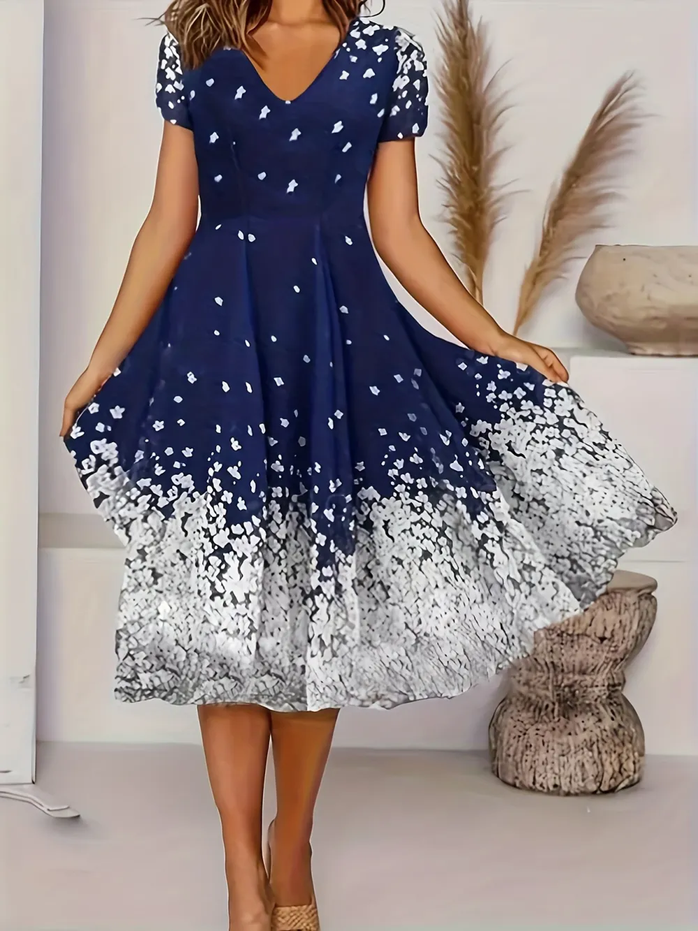 Vibrant Floral Print V-Neck Short Sleeve Casual Dress