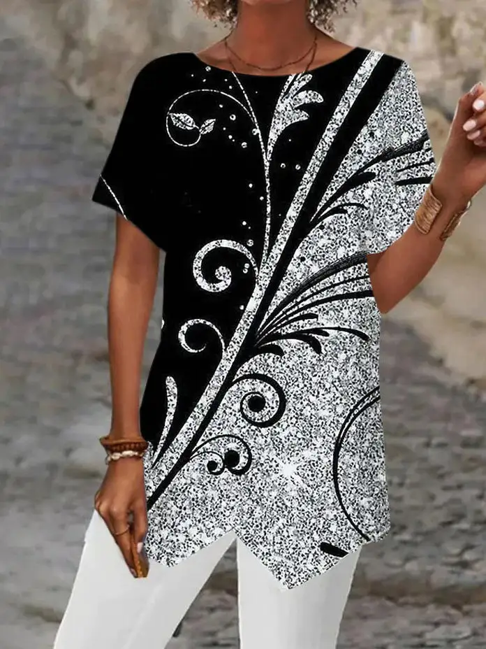 Women Asymmetrical Short Sleeve Scoop Neck Striped Top