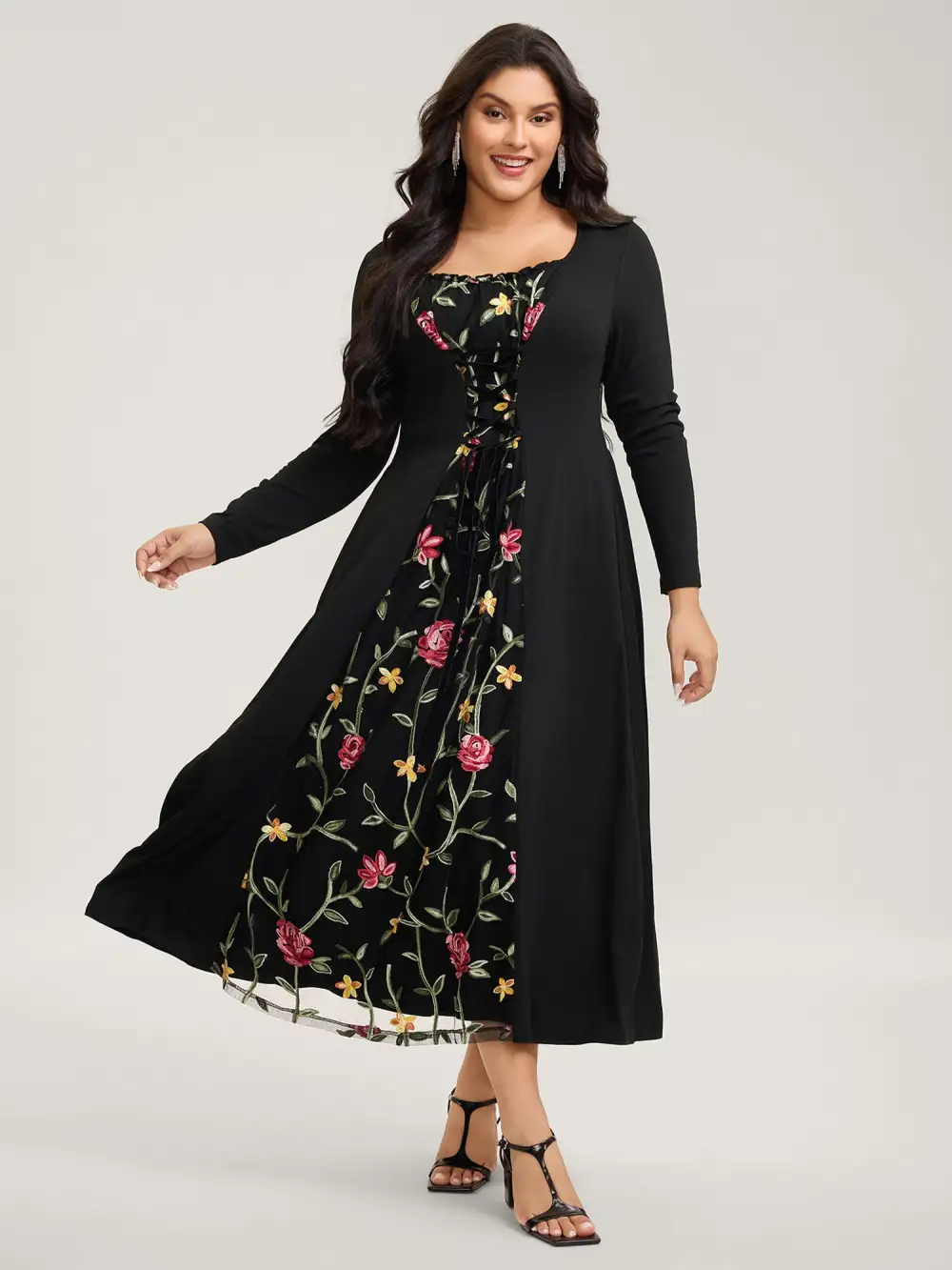 Floral Waist-Tie Contrast Maxi Dress