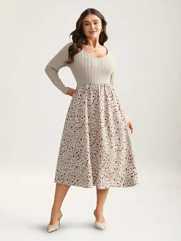 Ditsy Floral Patchwork Texture Midi Dress