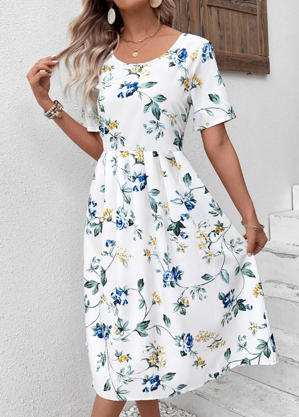 White Floral Print Short Sleeve Round Neck Dress