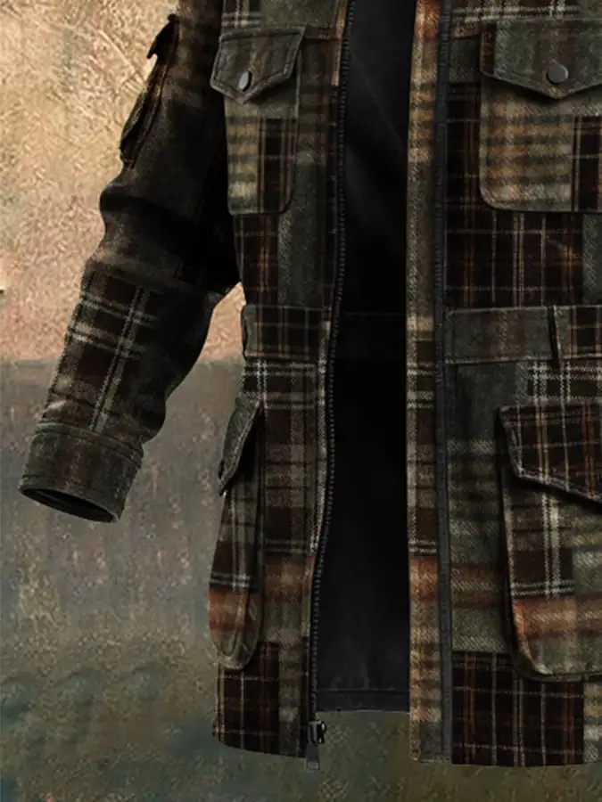 Men's Retro Plaid Lapel Plush Coat