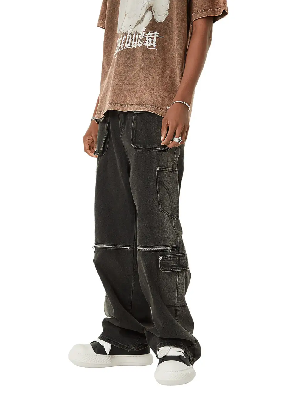 Multi-pocket Zipper Design Washed Hip-Hop Jeans - 2112
