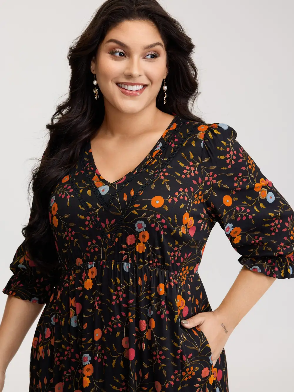 Floral Branch Print Lace Trim Maxi Dress