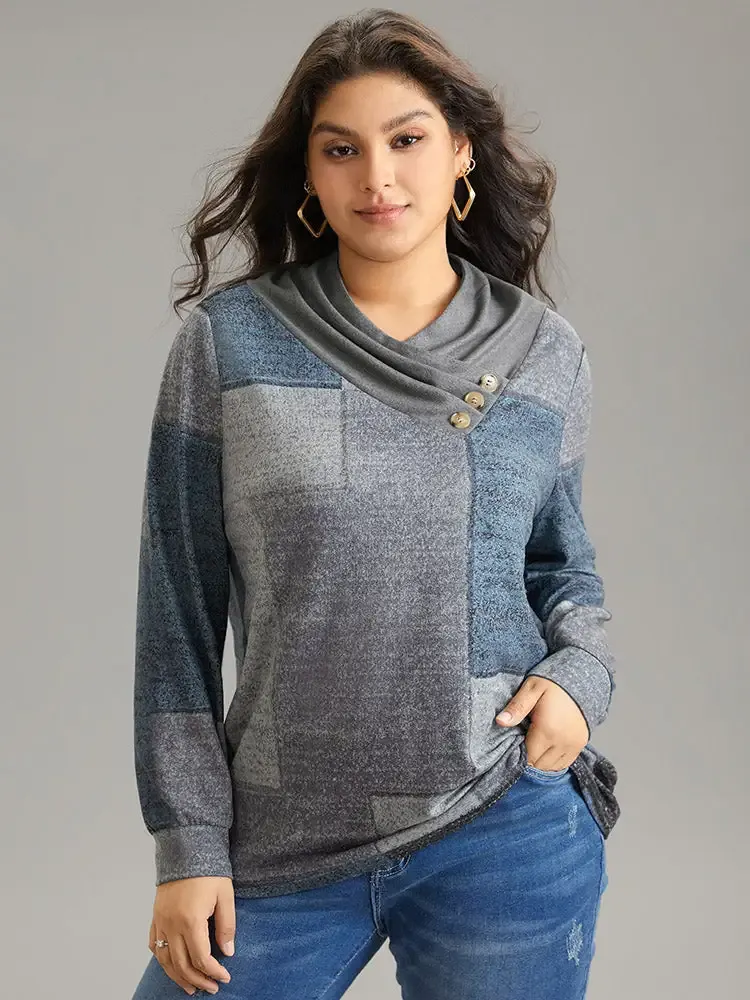 Asymmetrical Colorblock Button Detail Pleated T-Shirt