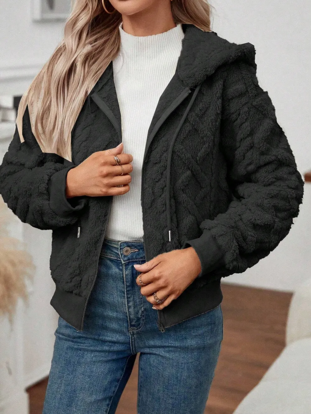 Women's Black Textured Plush Hooded Jacket