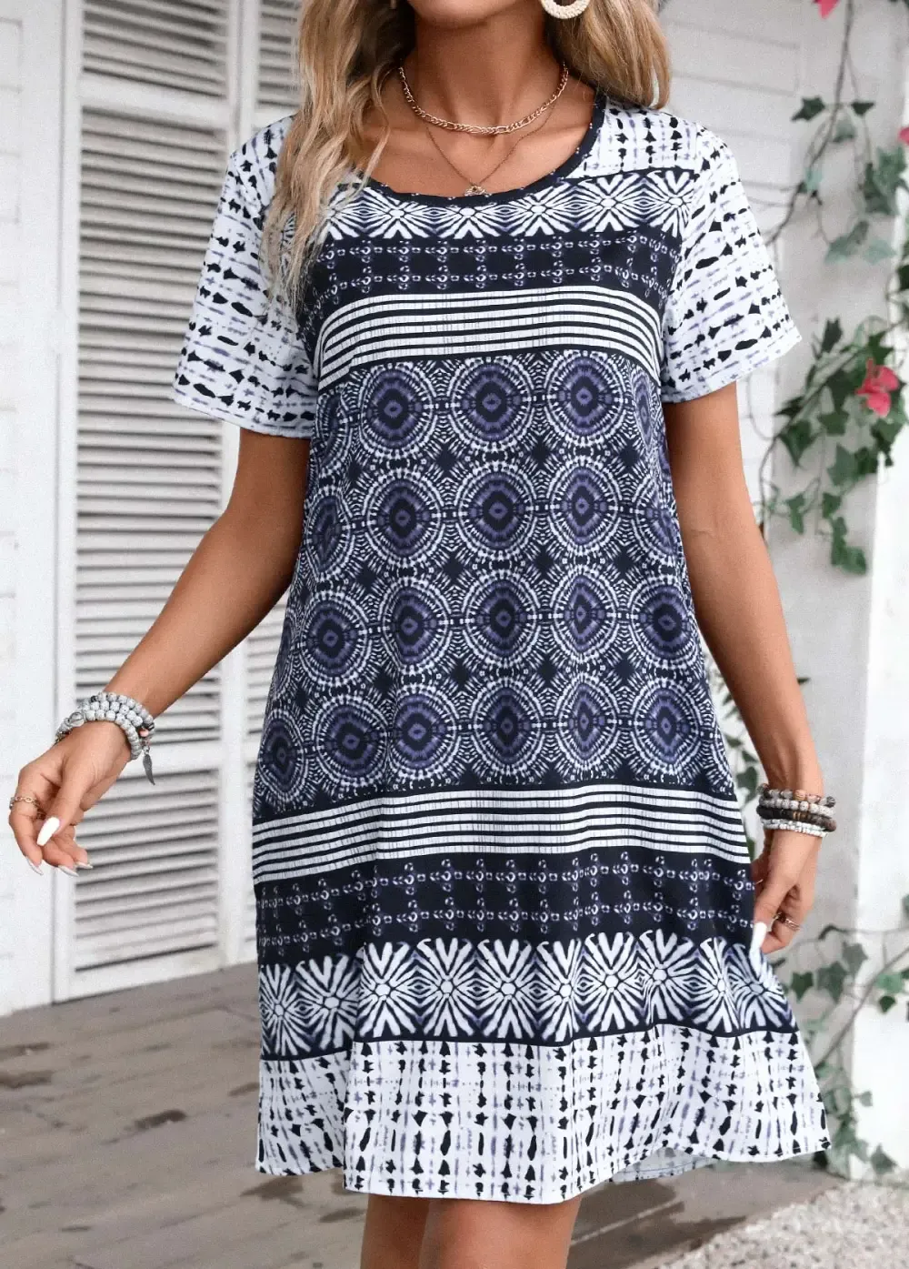 Blue Tribal Print A Line Short Sleeve Dress