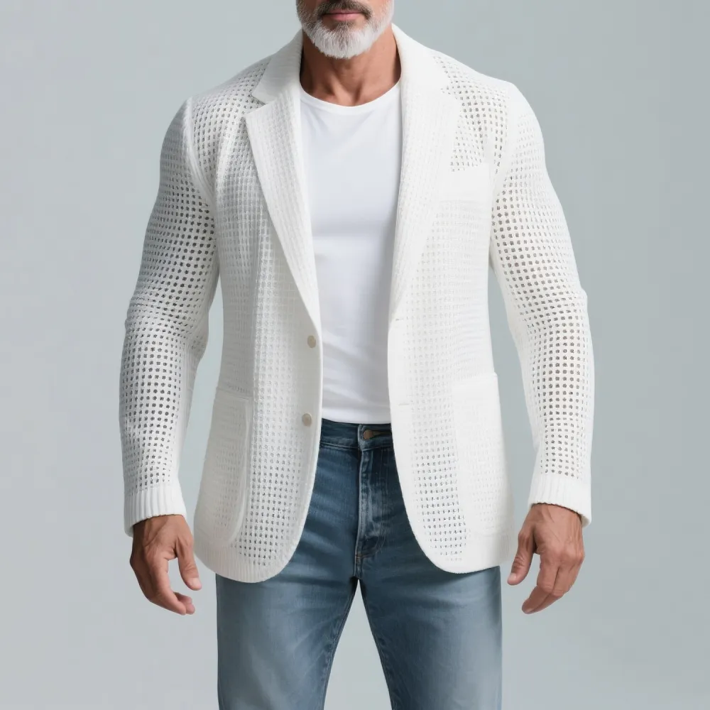 Men's Daily Knit Hollow Out Notch Lapel Two Button Pocket Long Sleeve Blazer