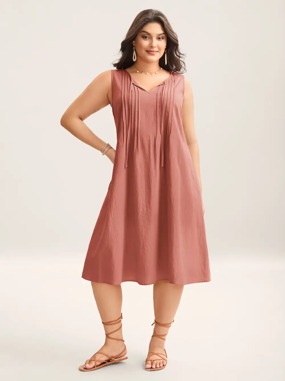Cotton Toothpick Pleat Plain Midi Dress