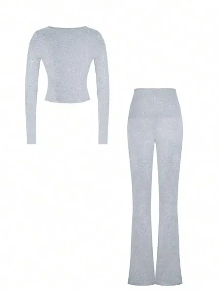 Fall/Winter Elegant 2-Piece Set: Slim-Fit V-Neck Long Sleeve Crop Top & Plain Pants