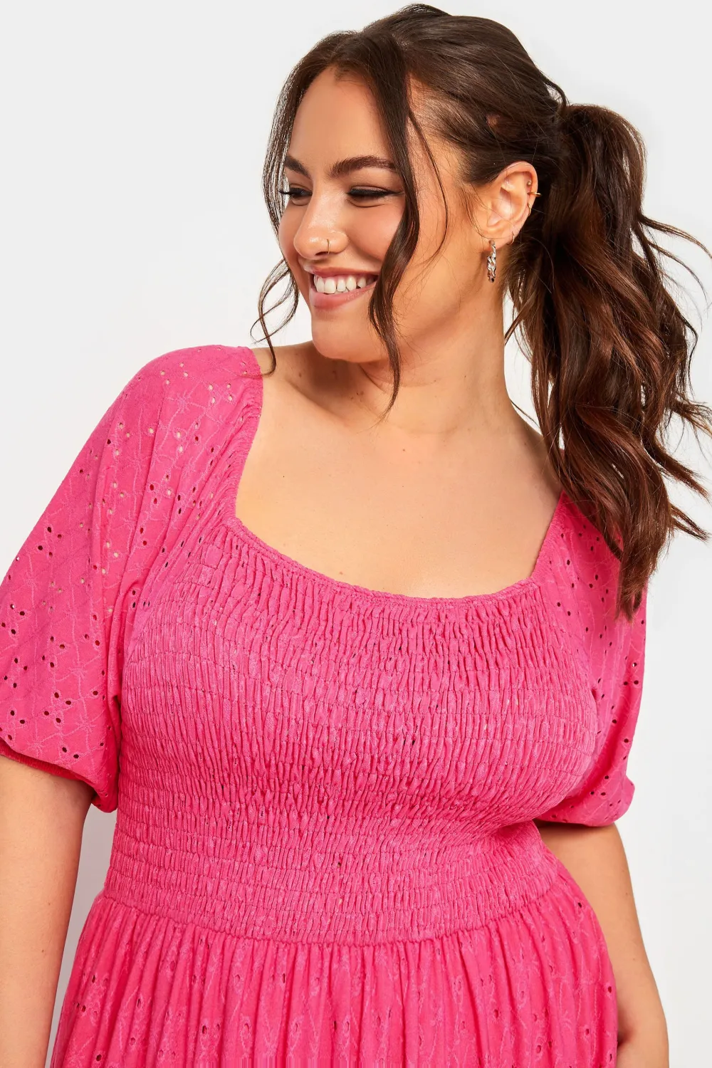 YOURS Curve Pink Shirred Broderie Anglaise Midaxi Dress