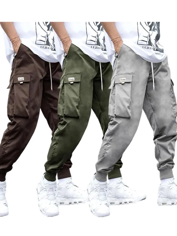 Men's Plus Size Cargo Pants – Solid Color, Drawstring, Flap Pockets