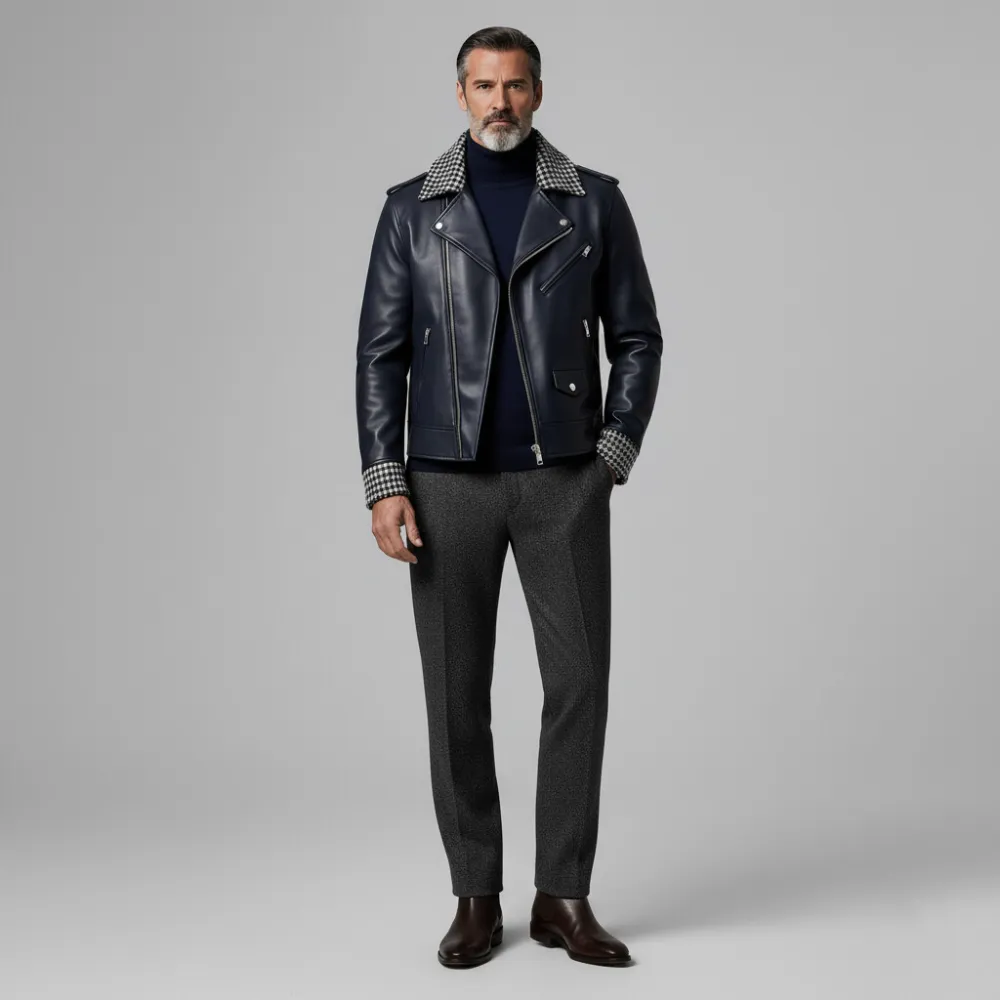 Men's Navy Blue PU Leather Houndstooth Pattern Patchwork Lapel Long Sleeve Zipper Biker Jacket